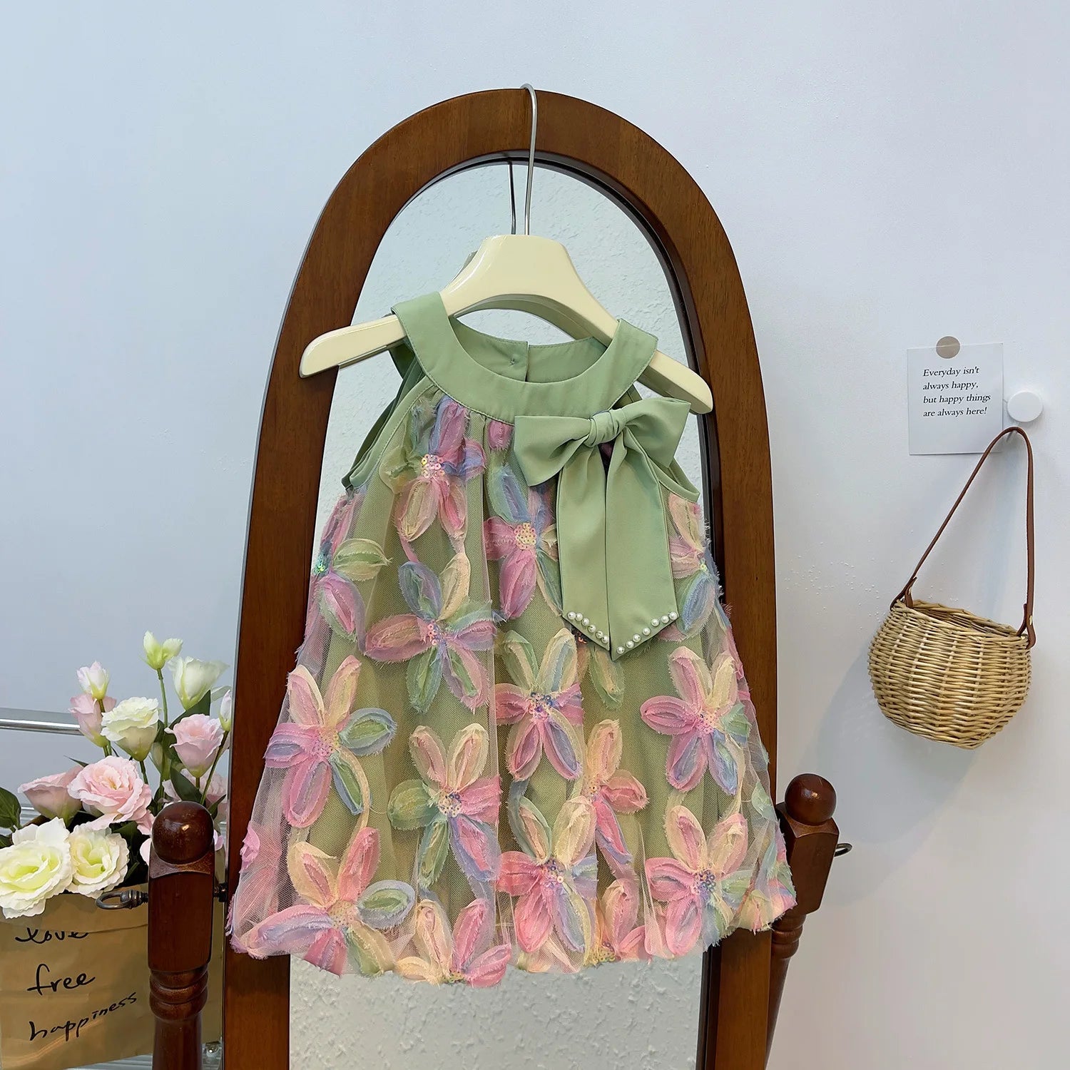 Summer Girls Dresses Children Clothes Sleeveless Round Neck Mesh Big Bow Princess Dress Kids Rainbow Flower Tutu Holiday Dress