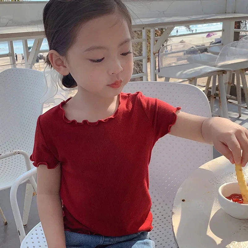 Baby Girls T-Shirt Summer Kids Short Sleeve Tops Tees Soft Ice Silk Fabric Toddler Solid Color Shirts Children's Clothing 1-10Y