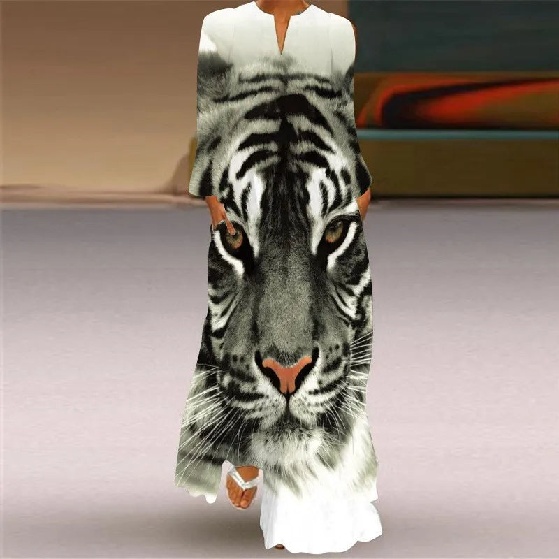 Summer Dress Woman 2025 New Long Dress Party Travel Photography 3D Printing Dress Red Long Sleeve V-neck Elegant Pocket Dresses