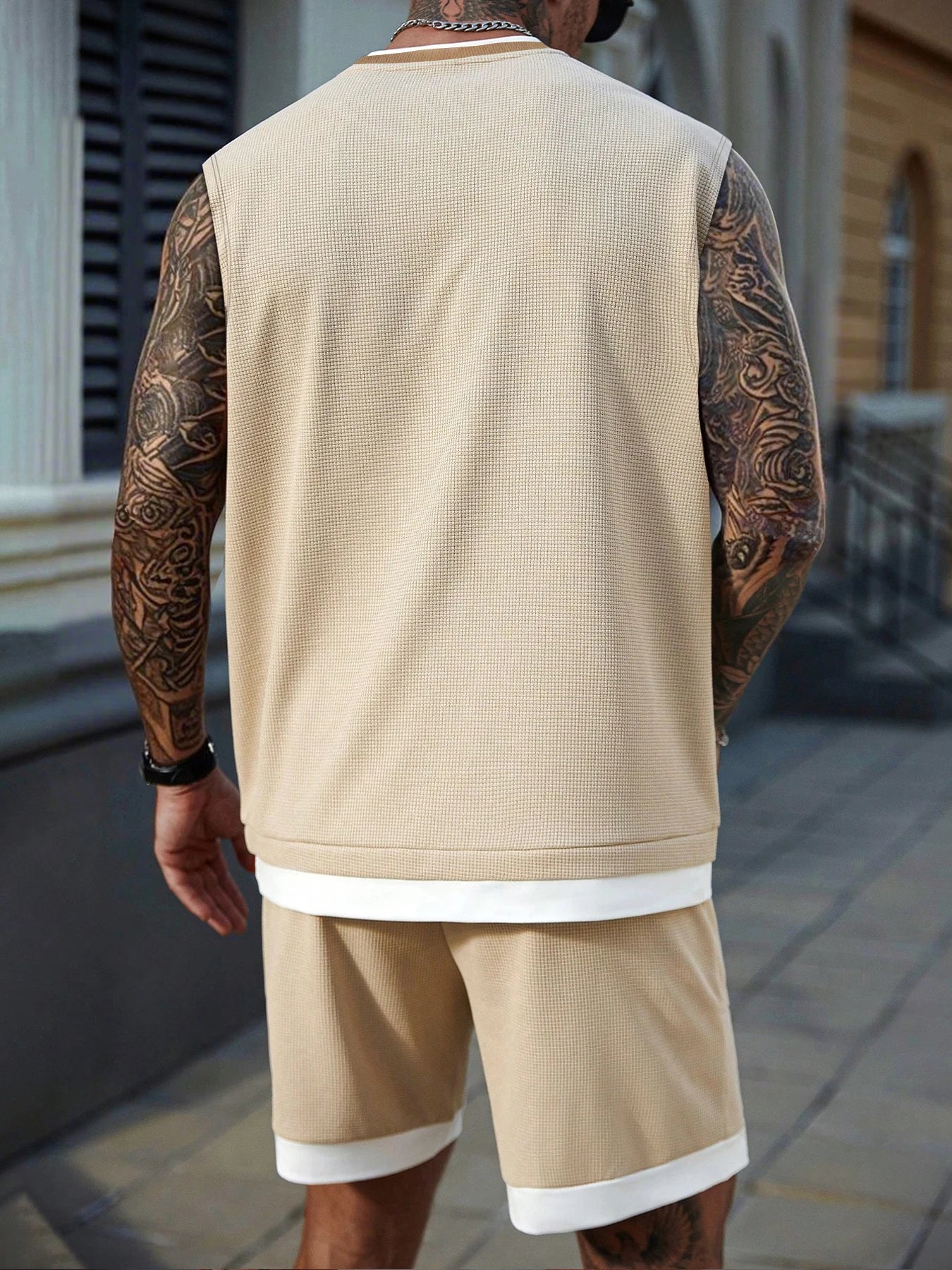 Men's Casual Athletic Set — Knitted fabric with slight stretch; available in medium-to-large sizes. Features a 2-in-1 elastic wa