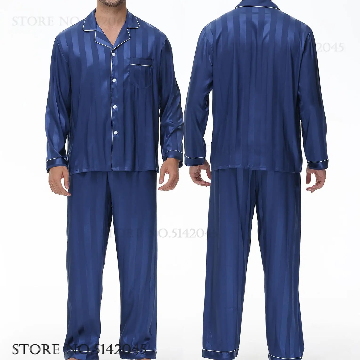 Men Pajamas Sleepwear 2PCS Set Navy Blue Stripes Long Sleeve Trouser Suits Home Clothes Male Loose Silk Satin Pijamas Loungewear