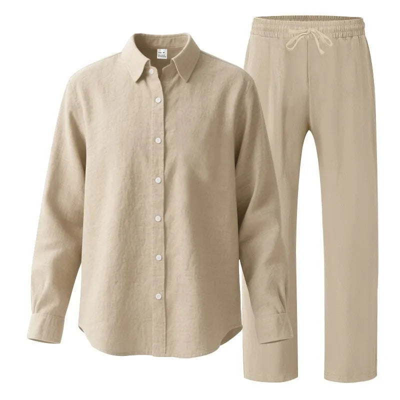 KIDWHXR Man 2-piece Outfit Spring Single-breasted Long Sleeve Shirts Male Drawstring Trousers Men Thin Cotton Linen Casual Set
