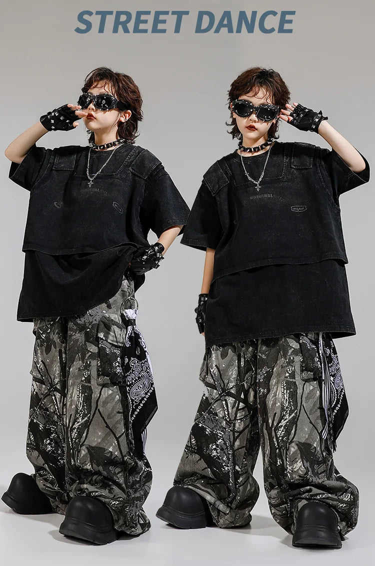 Kid Kpop Clothing Fake-2-Piece T Shirt Leaf Print Streetwear Harajuku Hip Hop Jeans for Girl Boy Jazz Dance Costume Clothes