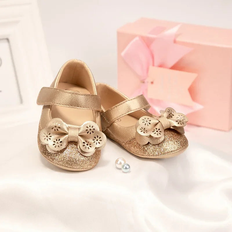 New Baby Girl Shoes Flower Gold Sparkling Bowknot Toddler Rubber Sole Anti-slip First Walkers Infant Newborn Baby Princess shoes