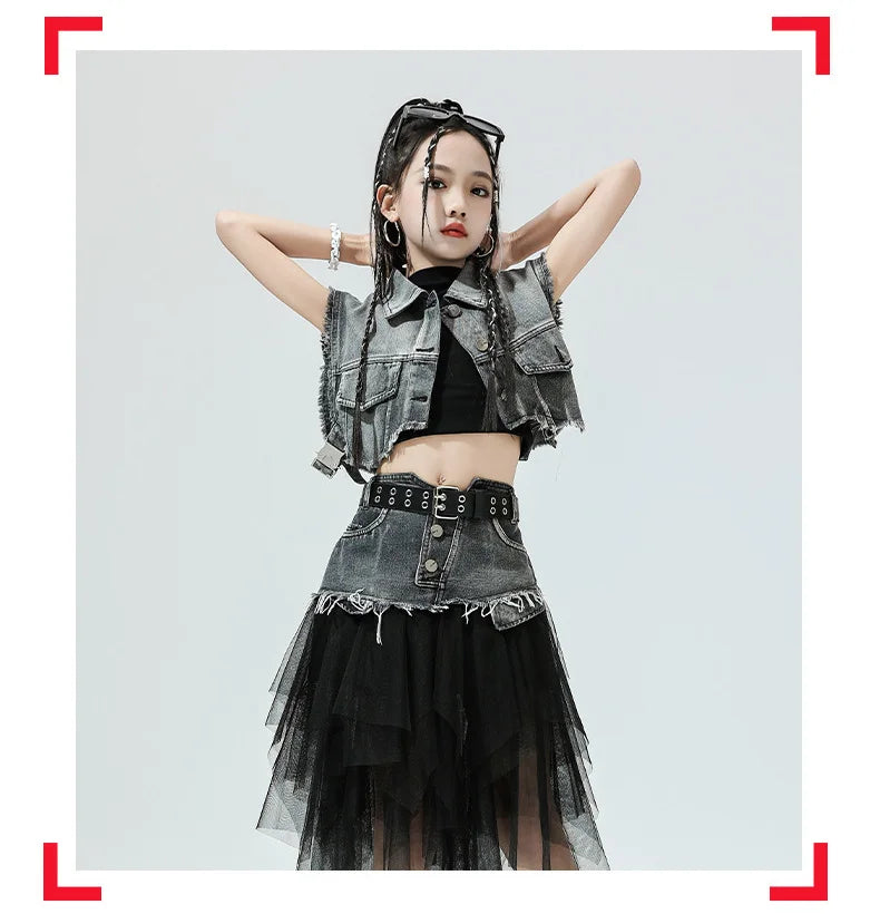 Girls Hip Hop Clothing Denim Sleeveless Jacket Vest Top Street Patchwork Mesh Skirt for Kids Jazz Dance Costume Clothes