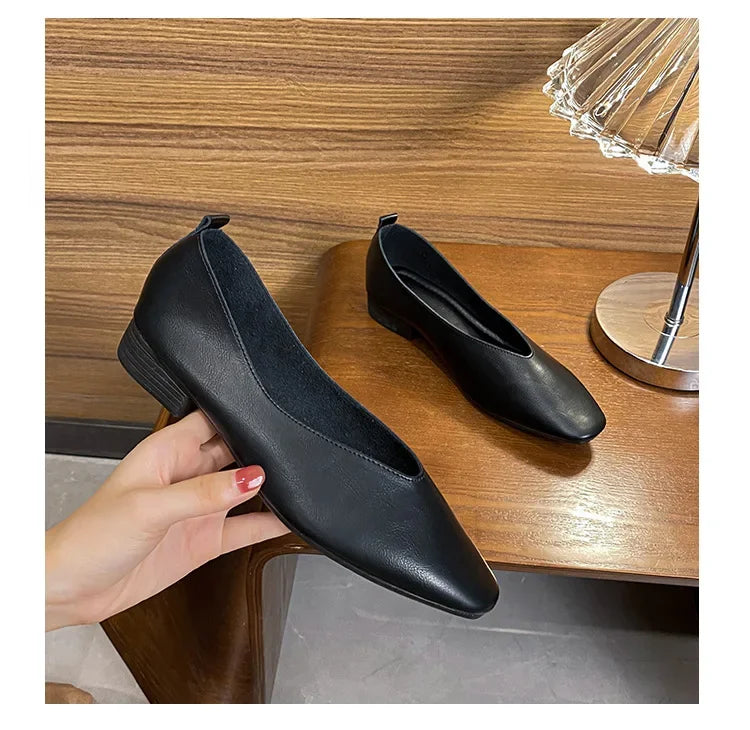Genuine Leather Multi-color Low-heeled women's Shoes  Round Toe Flat Bottom Shallow Cut Single Shoe Casual Versatile Loafers