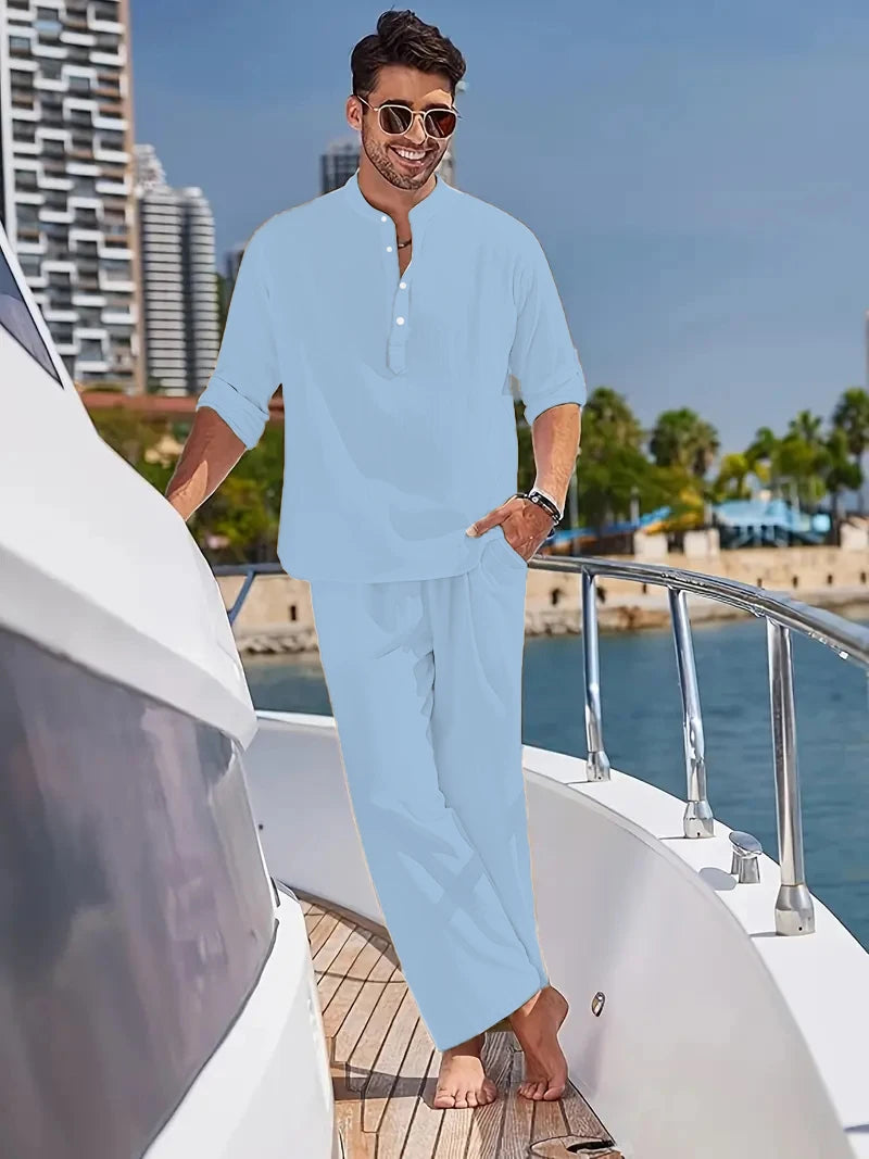 Men's White Linen Suit Set Long Sleeve Henley Shirt and Elastic Waist Pants Two Piece Outfit Summer Casual Comfortable