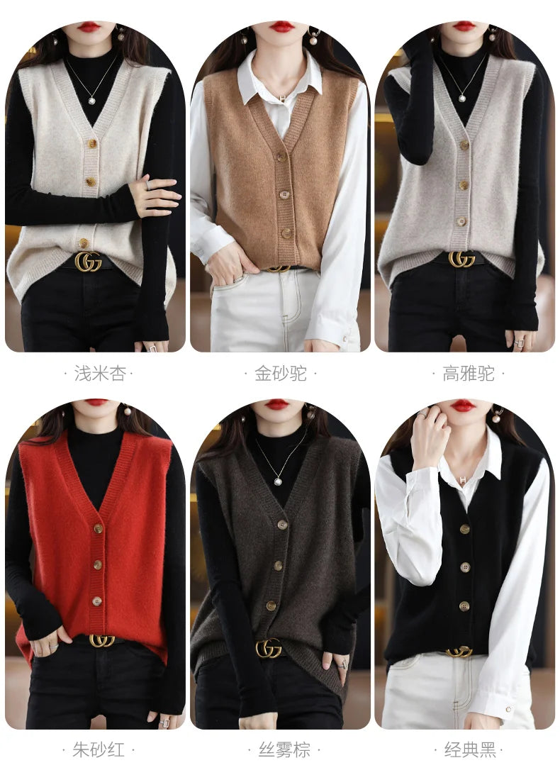 Girls Wear New Women's Loose High-End Waistcoat Knit Vest Wool V-Neck Solid Color Button Sleeveless Fashion Coat Cardigan Trend