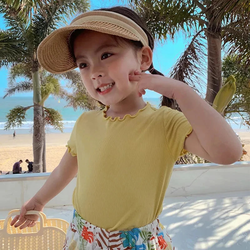 Baby Girls T-Shirt Summer Kids Short Sleeve Tops Tees Soft Ice Silk Fabric Toddler Solid Color Shirts Children's Clothing 1-10Y
