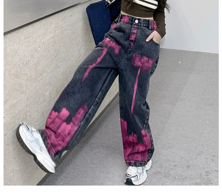 Kids Jeans for Girls Fashion Graffiti Dyeing 2025 Spring Autumn Hot Sales Teenager Unique Wide Leg Pants Korean Style Trousers