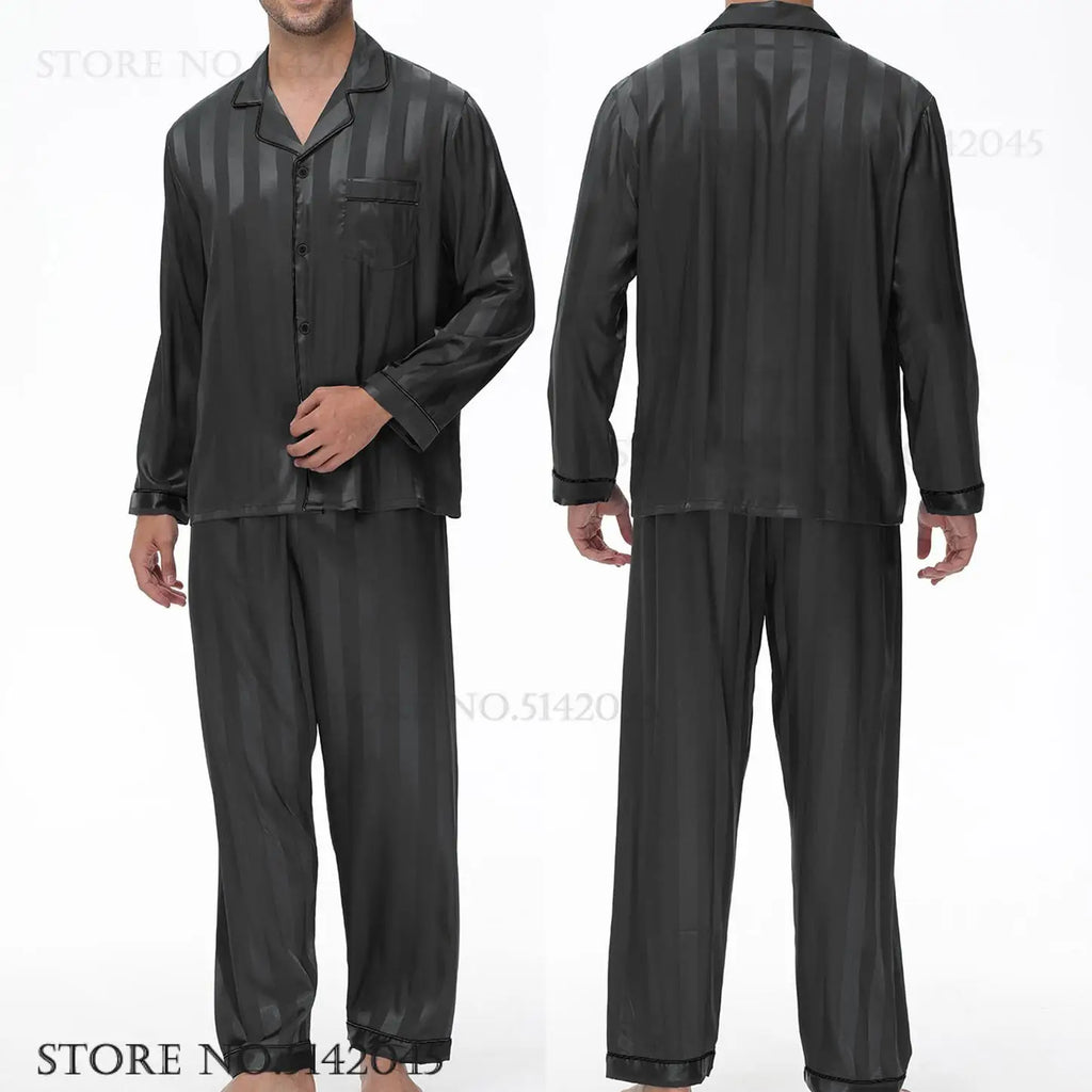 Men Pajamas Sleepwear 2PCS Set Navy Blue Stripes Long Sleeve Trouser Suits Home Clothes Male Loose Silk Satin Pijamas Loungewear