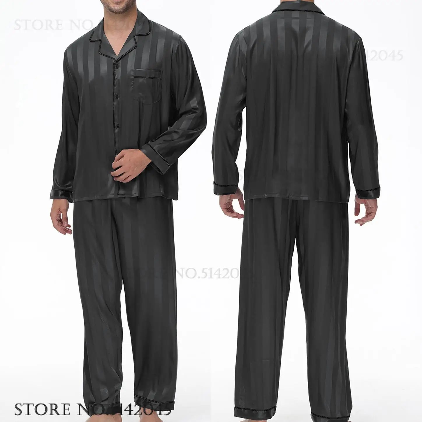 Men Pajamas Sleepwear 2PCS Set Navy Blue Stripes Long Sleeve Trouser Suits Home Clothes Male Loose Silk Satin Pijamas Loungewear