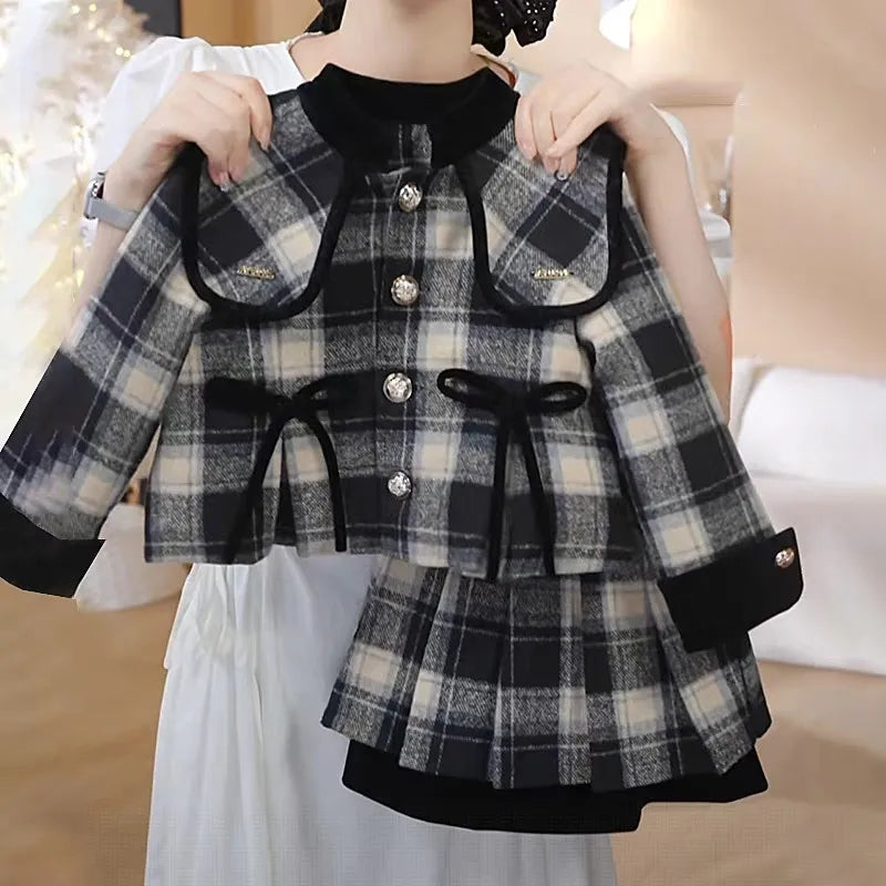 Girls Set Autumn Winter College Style Thick Cotton Jacket And Pleated Skirt Two-Piece Set Children's Outfit