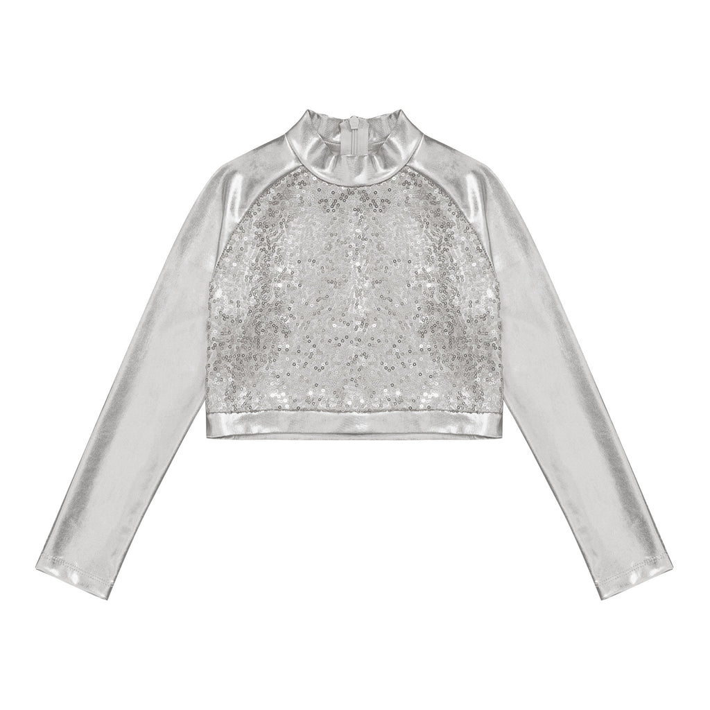 Kids Girls Shiny Metallic Crop Top Mock Neck Long Sleeve Front Sequin Fully Lined Athletic T-Shirts Jazz Hip-hop Dance Tops