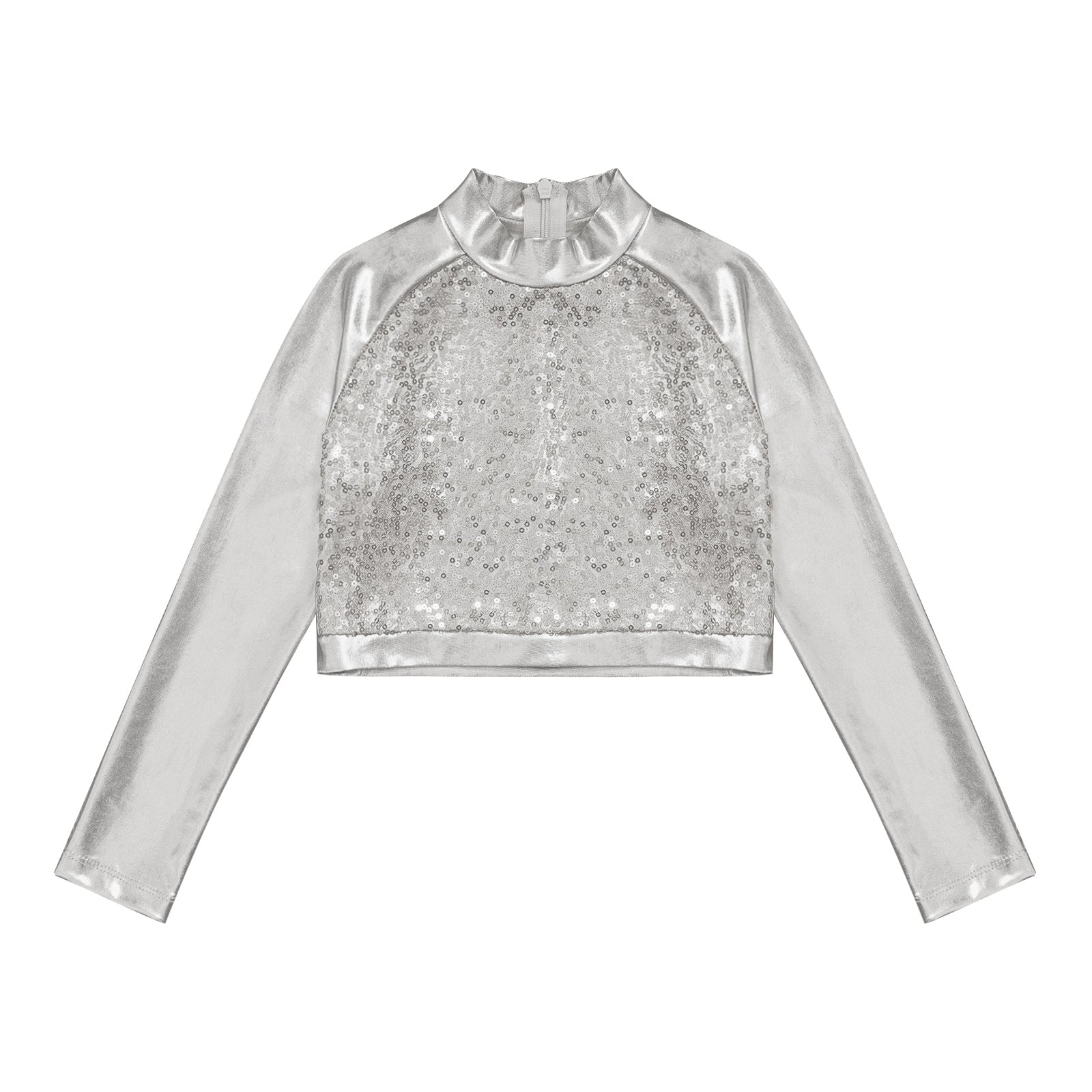 Kids Girls Shiny Metallic Crop Top Mock Neck Long Sleeve Front Sequin Fully Lined Athletic T-Shirts Jazz Hip-hop Dance Tops