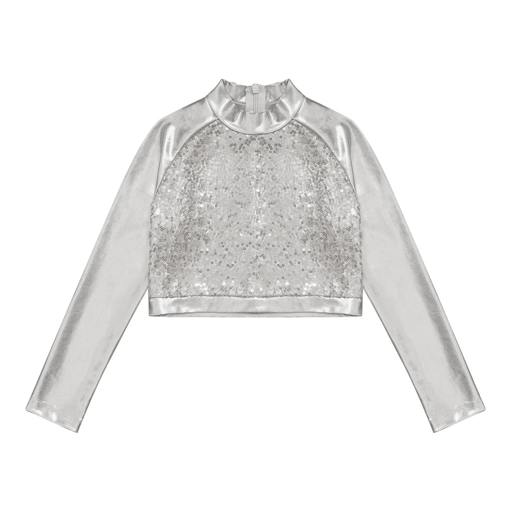 Kids Girls Shiny Metallic Crop Top Mock Neck Long Sleeve Front Sequin Fully Lined Athletic T-Shirts Jazz Hip-hop Dance Tops