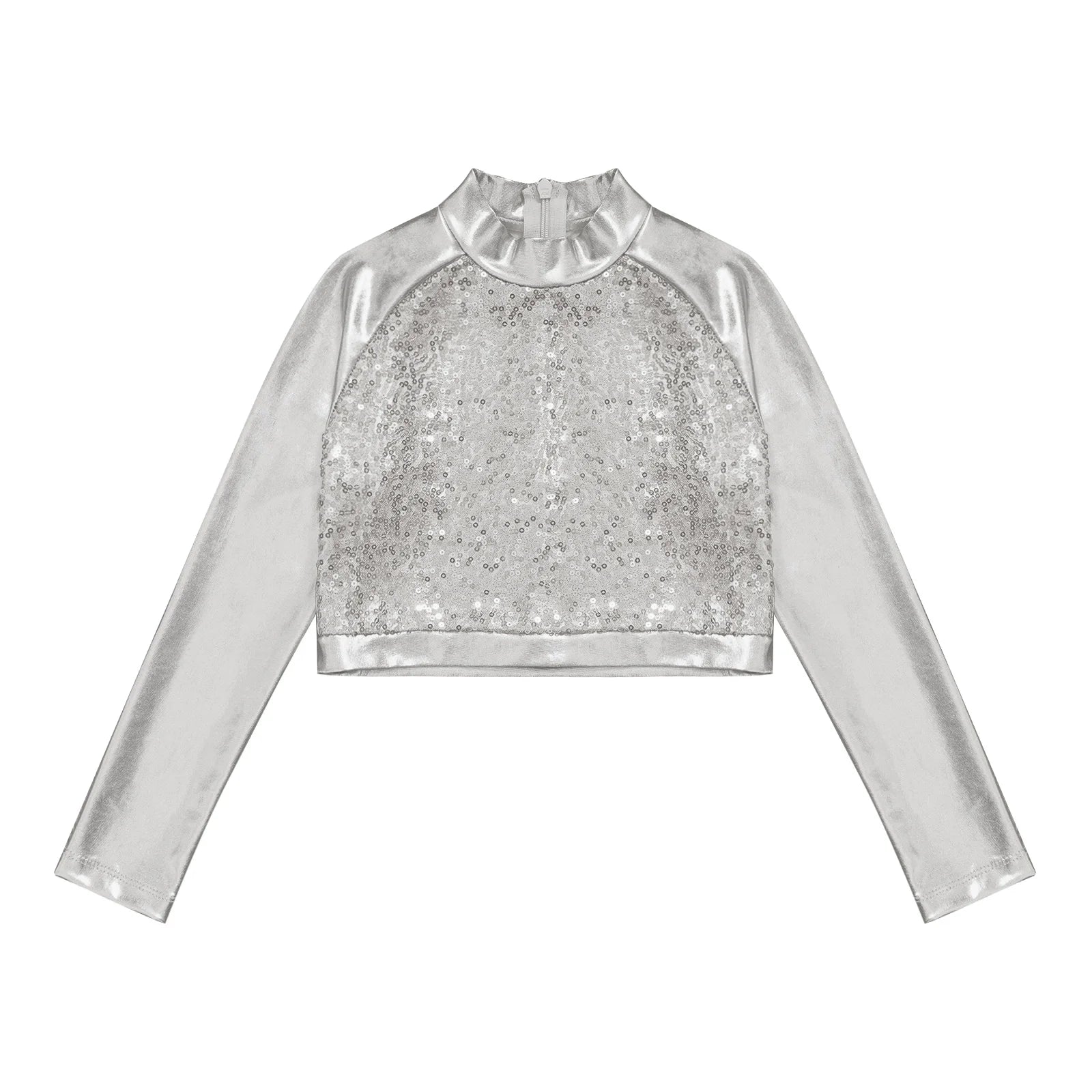 Kids Girls Shiny Metallic Crop Top Mock Neck Long Sleeve Front Sequin Fully Lined Athletic T-Shirts Jazz Hip-hop Dance Tops