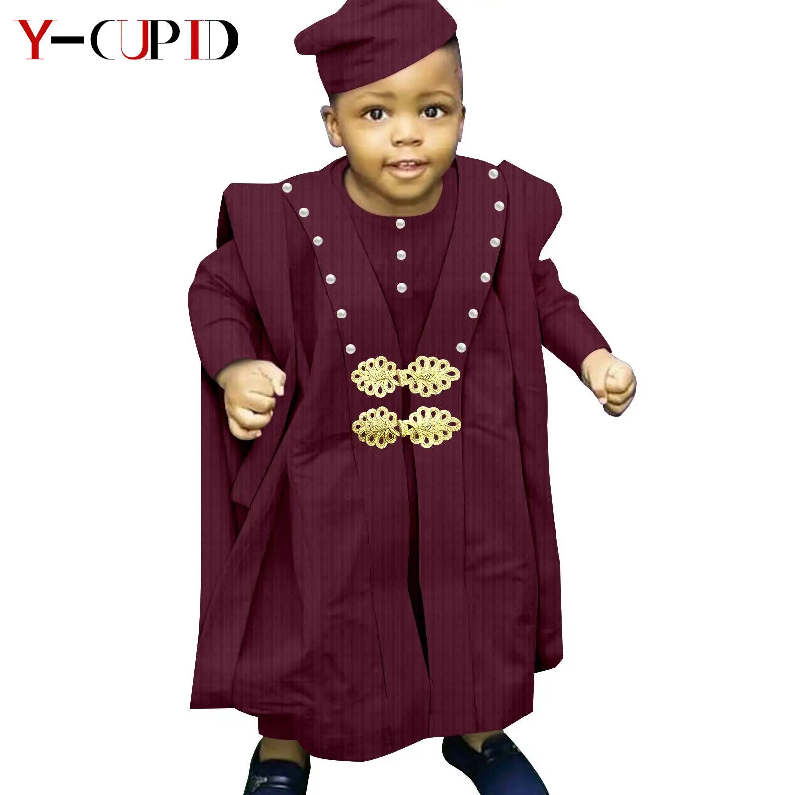 African Boy Outfit Bazin Riche Muslim Jacquard 4 Pieces Sets Tee Pant Robes and Cap Kids Children Suits Agbada Outwear Y234017