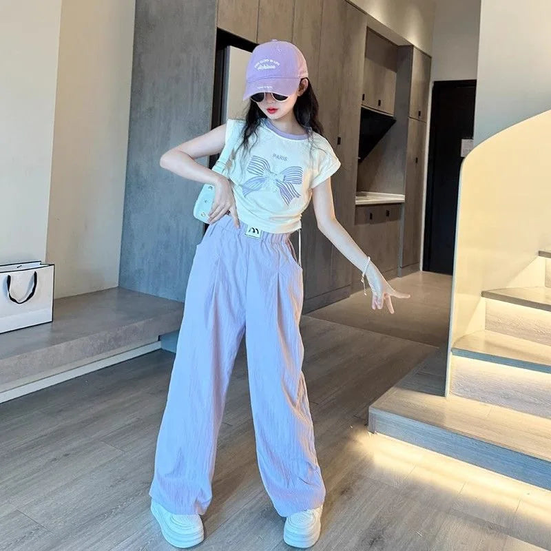 Teen Girls Summer Clothes Color Matching Cartoon T-shirt Trousers Two-piece Suit New Korean Style Sports Suit Children Outfit