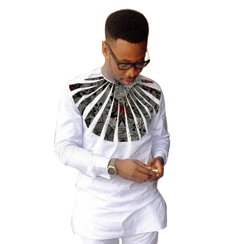 Nigerian Fashion White Men's Shirts O-Neck Modern Design Sector Patchwork Tops Customized African Wedding Party Wear