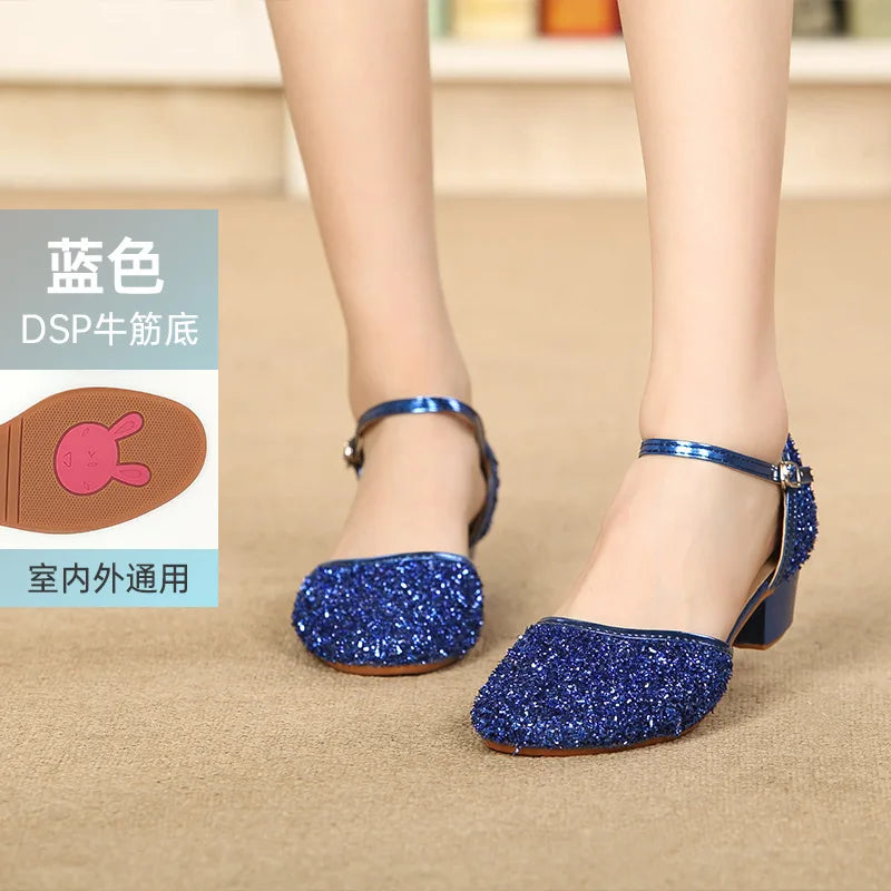 2023 New Summer Girls Party Shoes Princess Sandals Sequined Cloth Leather Glitter Buckle Strap Block Heel Kids Gift Shoes