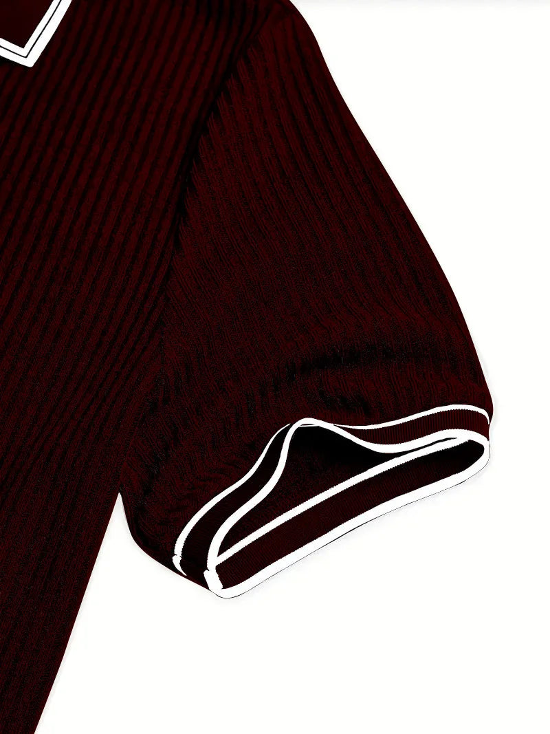 Men Ribbed Knit Polo Shirt Short Sleeve Turn Down Collar Contrast Trim Button Placket Slim Fit Casual Top