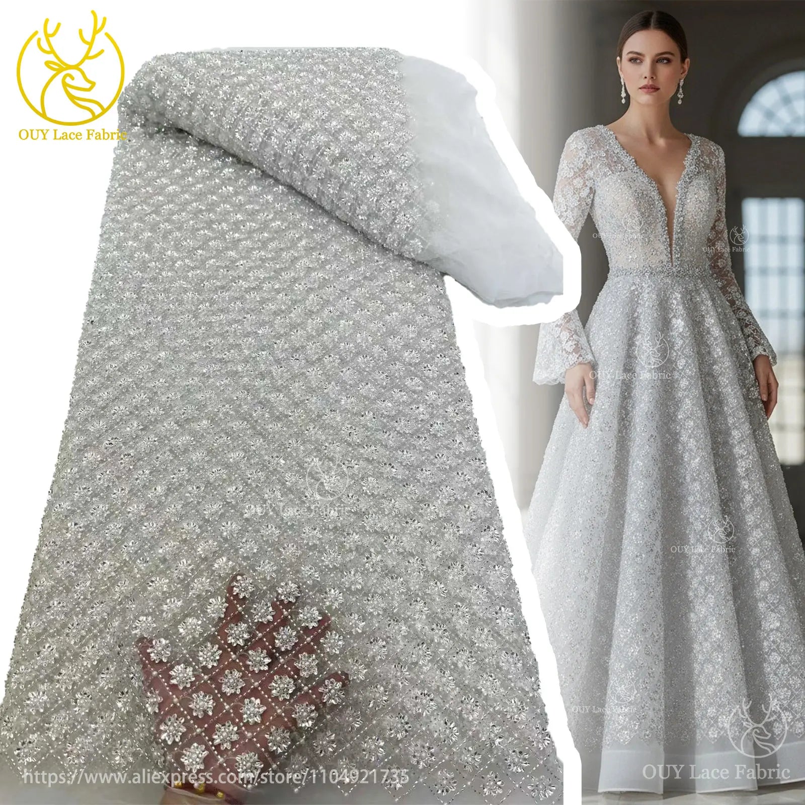 White Bridal Wedding Dress Elegant French with Sequins Embroidery Tulle Lace Fabric African Nigerian Groom Beaded Lace Fabrics