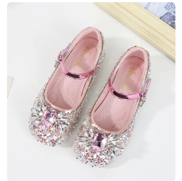 Girls Leather Shoes Fashion Flat Child New Sequin Flash Single Shoes Little Kids Crystal Princess Footwear Wedding Party Shoes