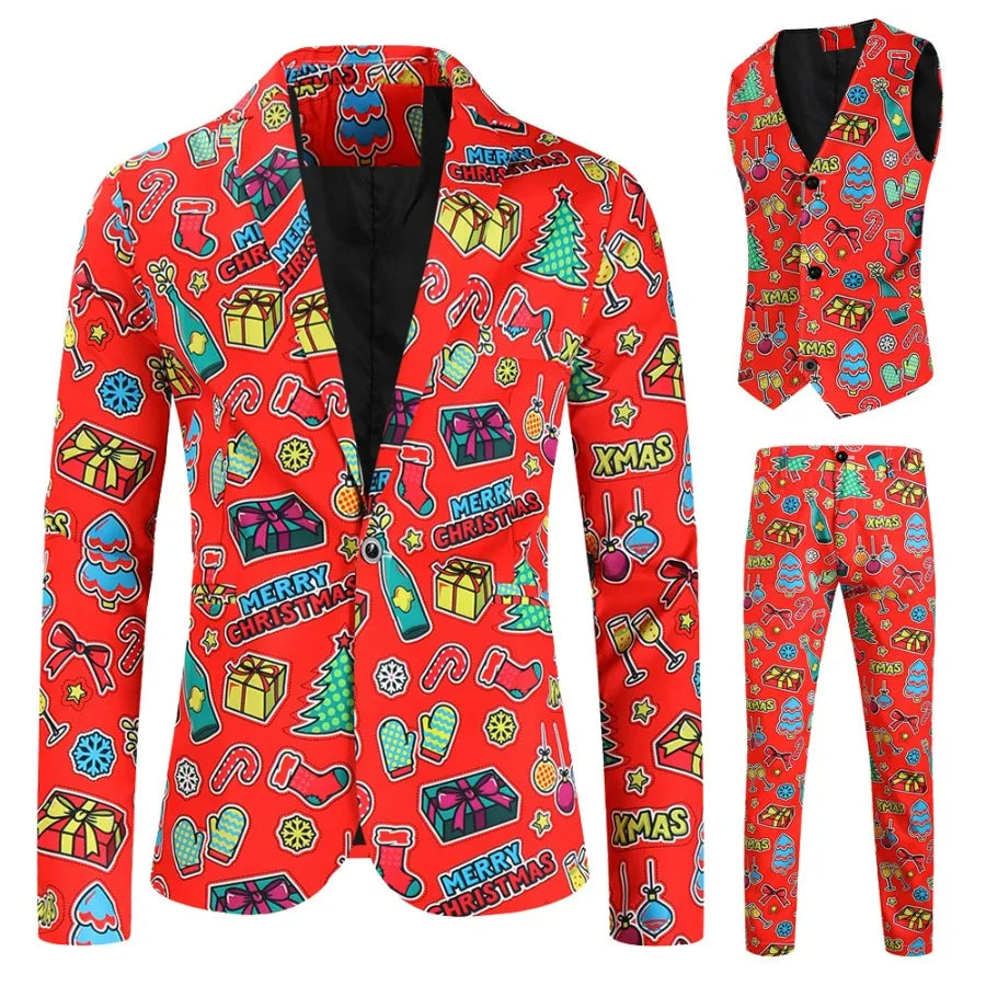 New Men's 3 Piece Christmas Sets Blazers+Vest+Pants 2026 Xmas Printed Men Suit Set Party Stage Dress Up Style Costume Streetwear