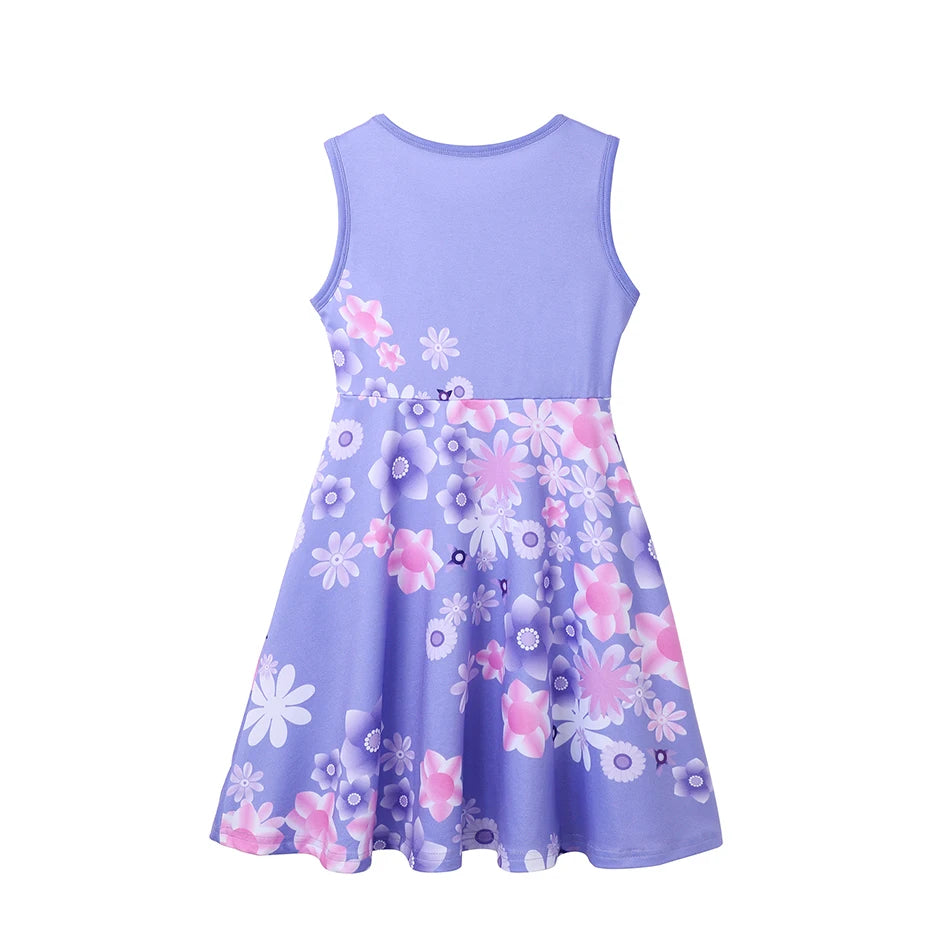 Summer Girls Dresses Cute Flower Print Round Neck Casual Dresses Carnival Party Girls Casual Dresses Princess Outfits