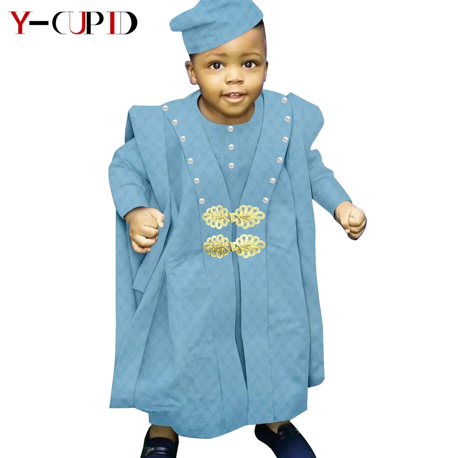 African Boy Outfit Bazin Riche Muslim Jacquard 4 Pieces Sets Tee Pant Robes and Cap Kids Children Suits Agbada Outwear Y234017