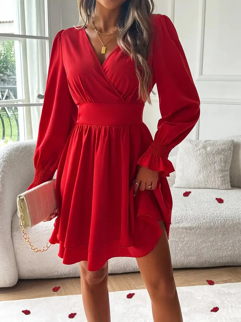 Summer New Dresses 2026 Woman Clothing V-Neck Lantern Sleeve Wrap Mini Dress Ruched Waisted Dress Elegant for Spring Party Dress