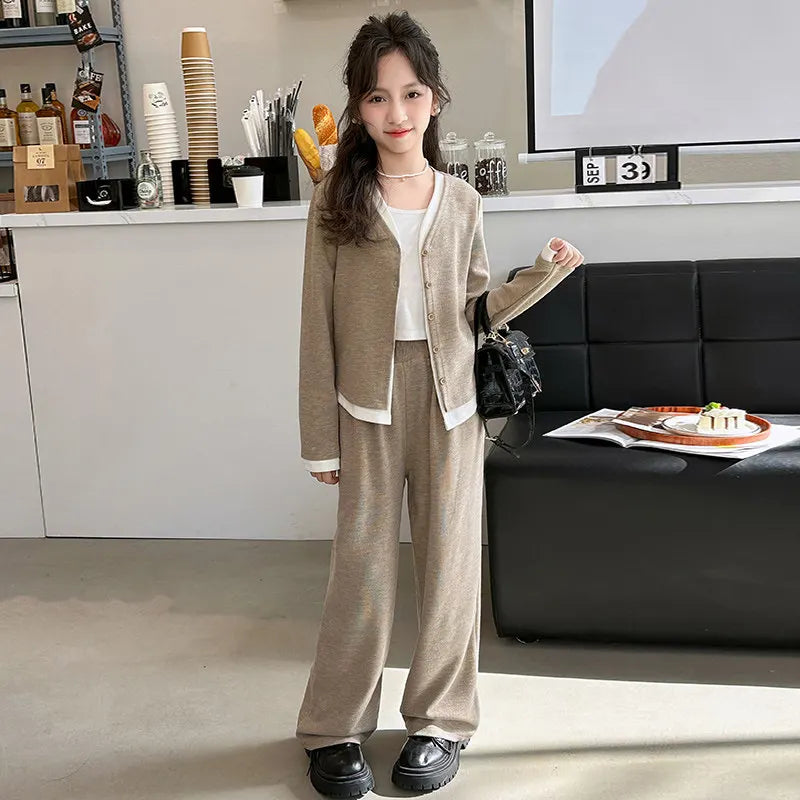 Korea Style Girls Casual Clothing Sets Single Button V-Neck Fake Splice Top and Pants Two Pieces Grey Khaki Kids Teenage Outfits