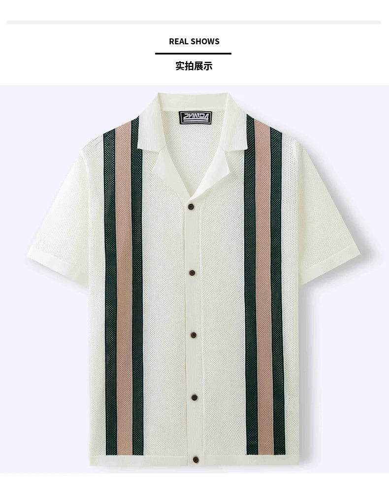 Summer New Knitted Shirts for Men Fashion Cuban Collar Business Casual Social Polo Shirts Knit Cardigans Men Clothing Streetwear