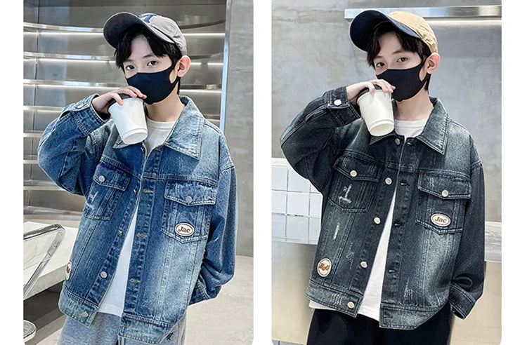 Kids Luxury Clothing Black Blue Denim Jacket for Teenage Boy Spring Autumn Ripped Denim Jacket Coat Child Casual Outfit Age 5-14