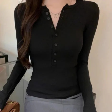 Sexy and Pure Button Up Long Sleeved T-shirt for Women, V-neck Slim Fit Bottom Top