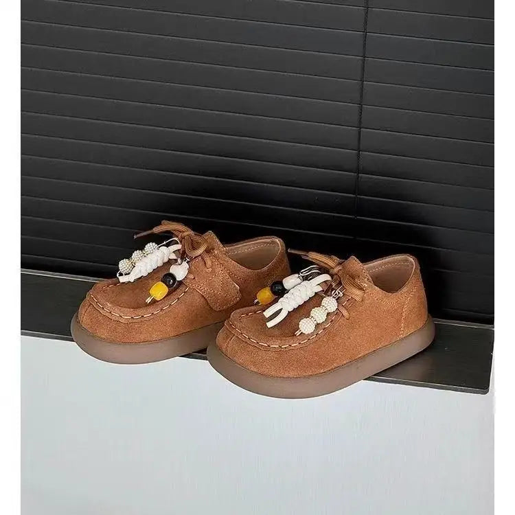 Boys Girls Leather Shoes with Cute Beaded 2025 New Autumn Toddler Walking Shoes Soft Sole Simple Versatile Kids School Loafers
