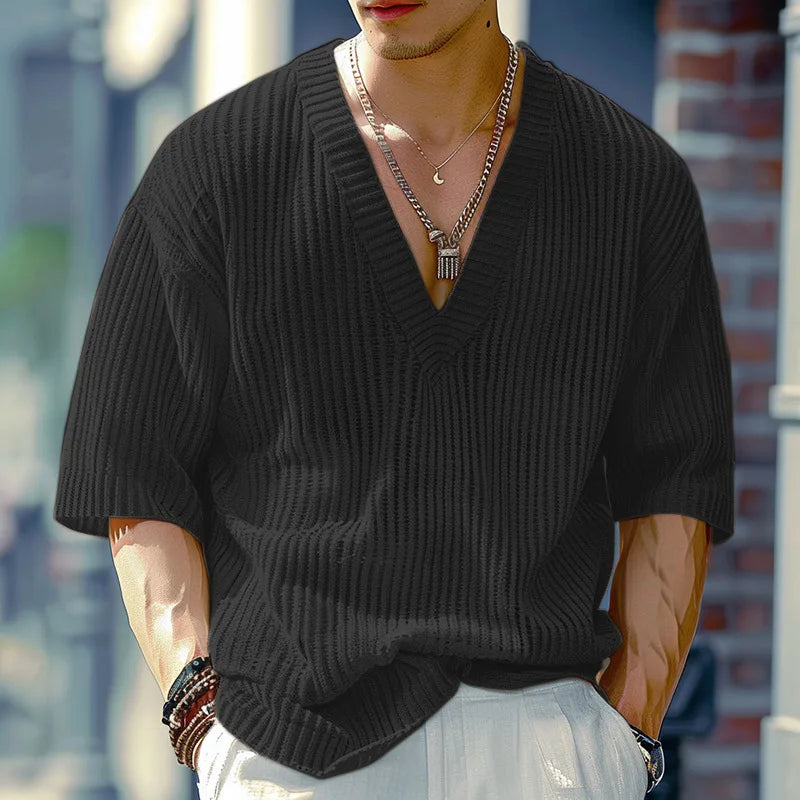 Summer Half Sleeve Knit T-Shirts Men Elastic Loose Tops Fashion V-Neck Casual Tees Male Knitting Pull On T Shirt Streetwear Man