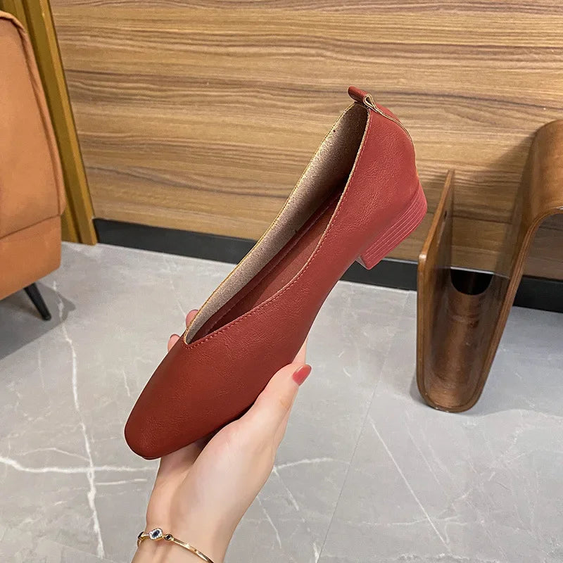 Genuine Leather Multi-color Low-heeled women's Shoes  Round Toe Flat Bottom Shallow Cut Single Shoe Casual Versatile Loafers