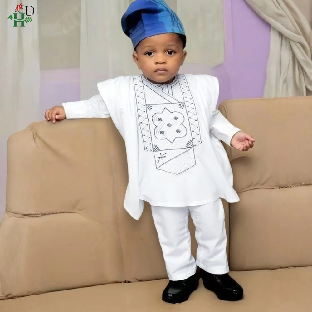 2025 New African Traditional Clothes For Kids Boy White Blue 3 PCS Set Long Sleeve Tops Embroidery Dashiki Robe Shirt Pant Child