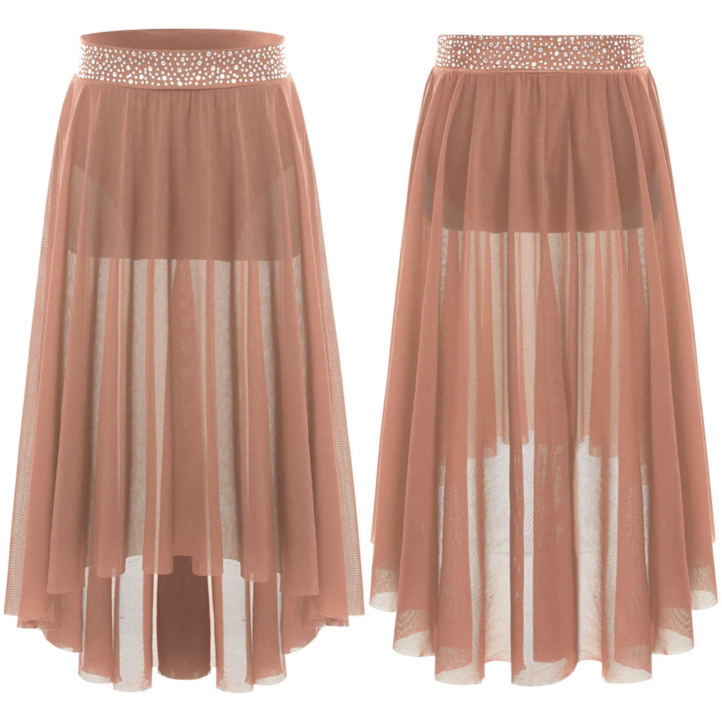 Kids Girls Lyrical Modern Dance Skirt Shiny Rhinestones Open Front Flowy Sheer Mesh Skirt with Built-in Briefs Ballet Dresses