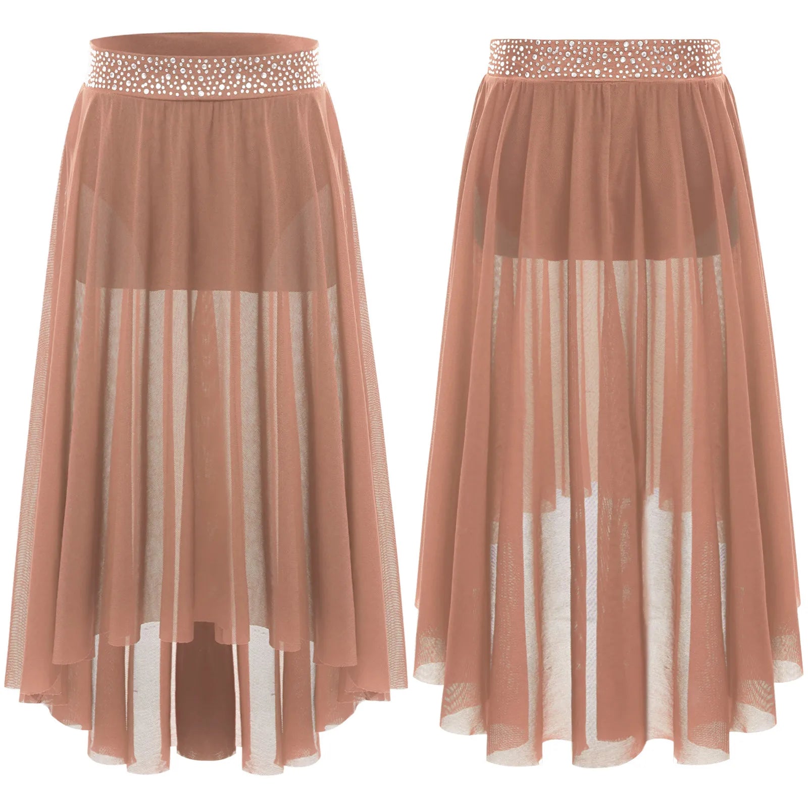Kids Girls Lyrical Modern Dance Skirt Shiny Rhinestones Open Front Flowy Sheer Mesh Skirt with Built-in Briefs Ballet Dresses