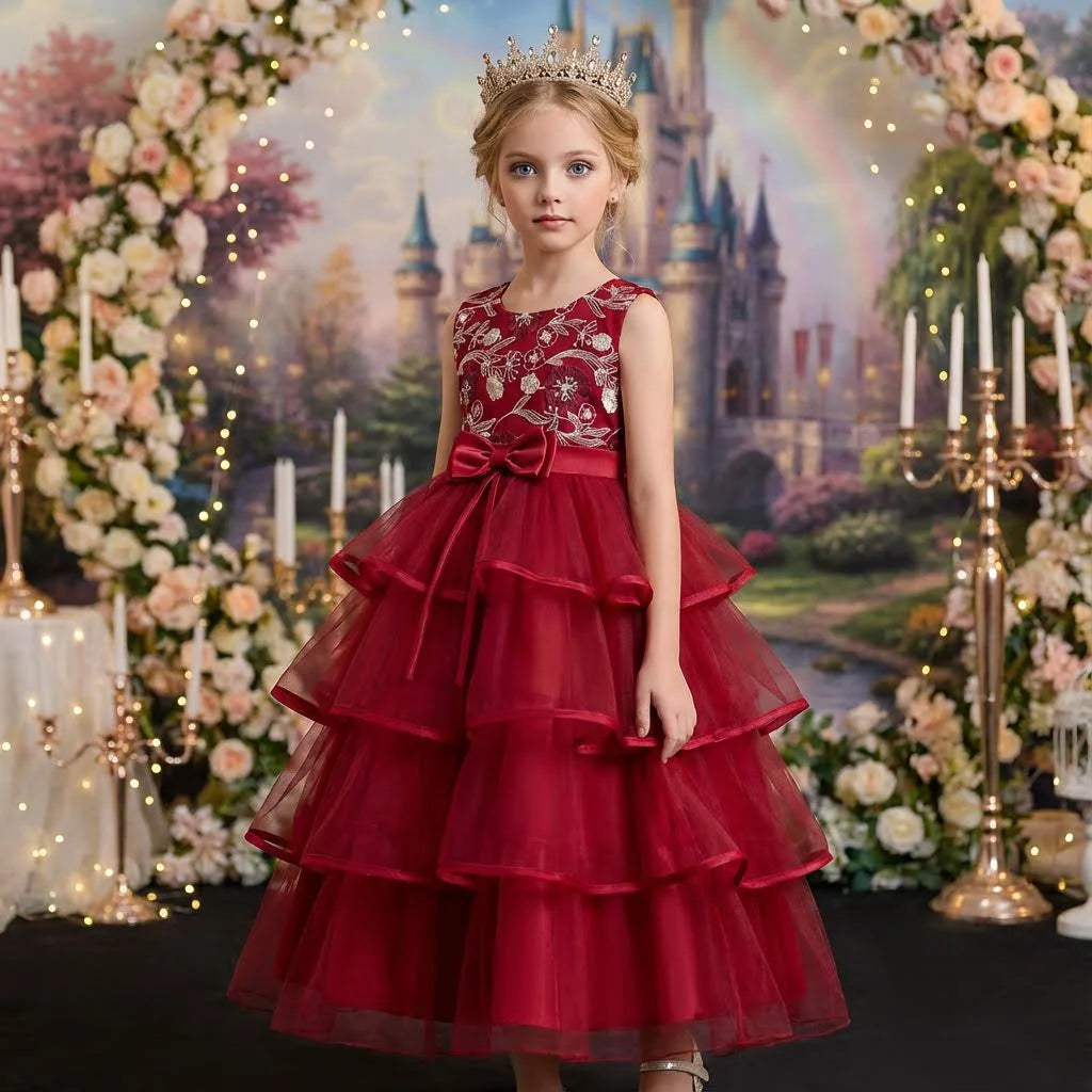 Girls Princess Dress Sleeveless Lace Embroidery Tiered Tulle Bow Formal Evening Gown for Wedding Birthday Party Christmas