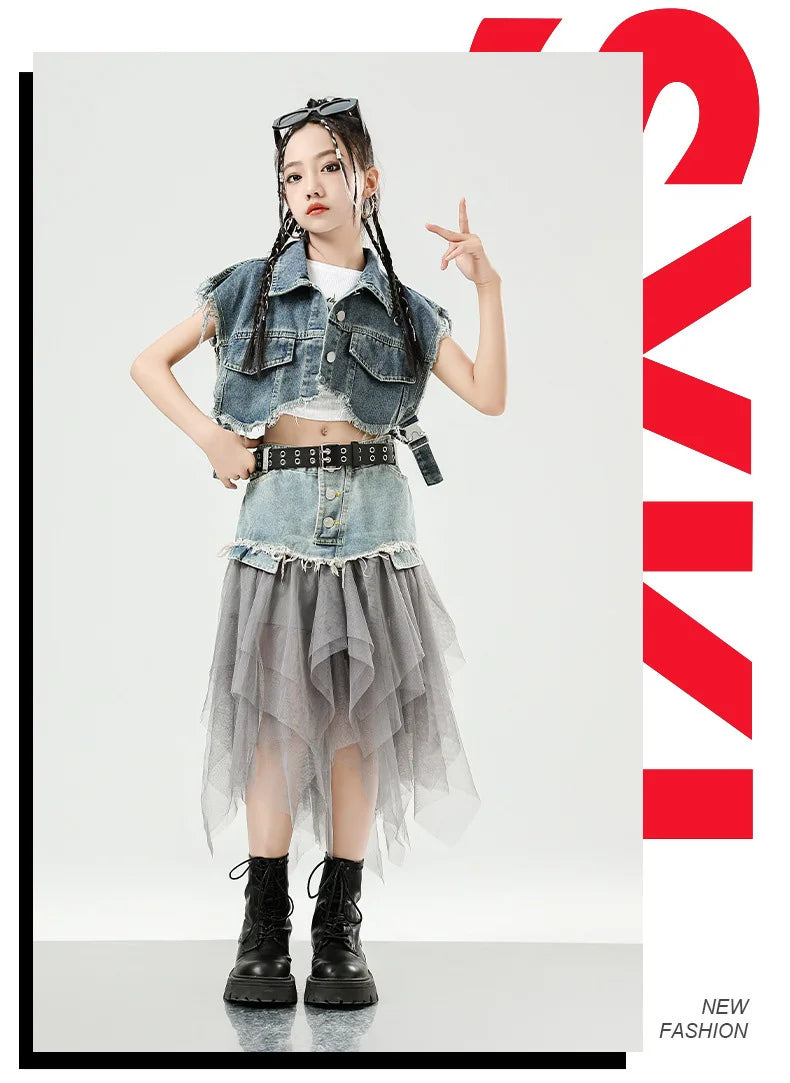 Girls Hip Hop Clothing Denim Sleeveless Jacket Vest Top Street Patchwork Mesh Skirt for Kids Jazz Dance Costume Clothes