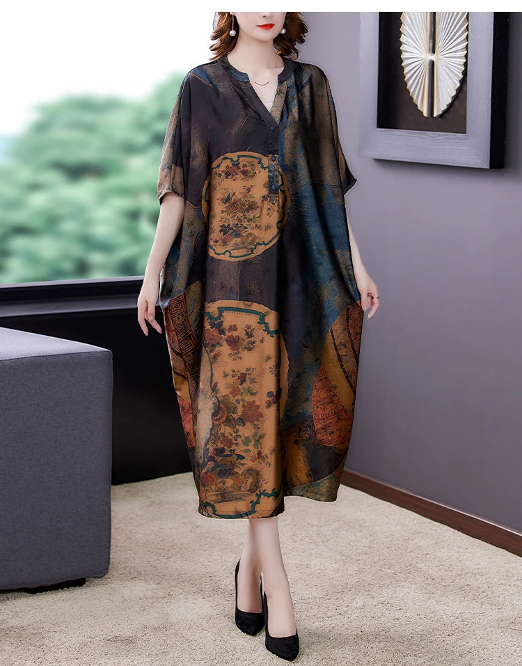 Mulberry Silk Dresses Women's New Summer Long Dress Female Fashion Loose V- Neck High-End Print Pullover Dresses