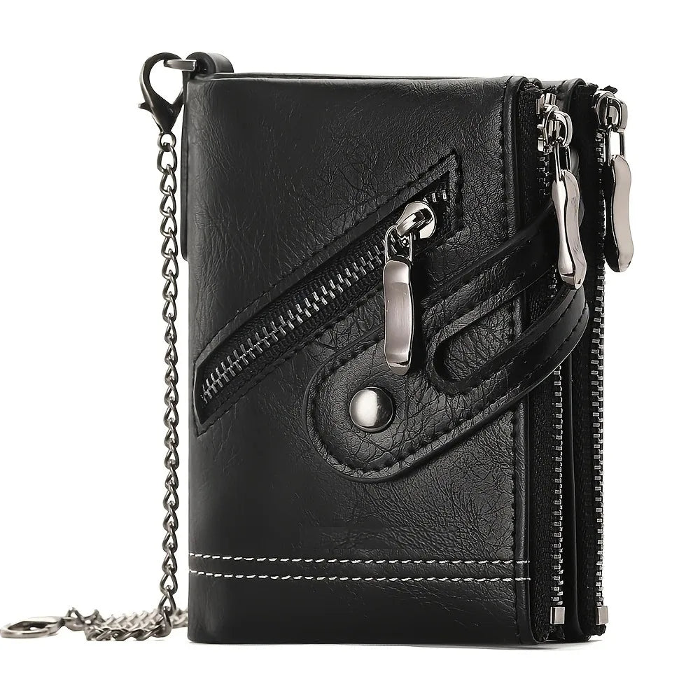 New Men's Chain Wallet RFID Anti-Theft Men's PU Leather Wallet Double Zipper Coin Purse Credit Card Holder for Men and Women