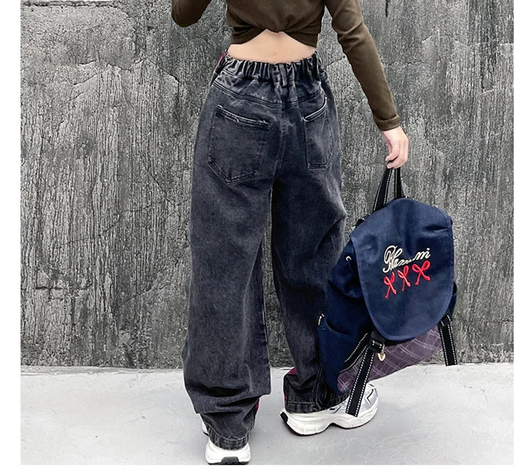 Kids Jeans for Girls Fashion Graffiti Dyeing 2025 Spring Autumn Hot Sales Teenager Unique Wide Leg Pants Korean Style Trousers