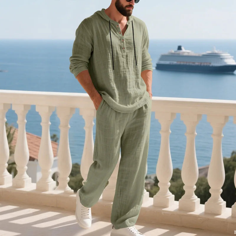 Men's Linen Hooded Sets 2 Piece Outfit Summer Casual Long Sleeve Hoodie and Wide Leg Pants Set for Men