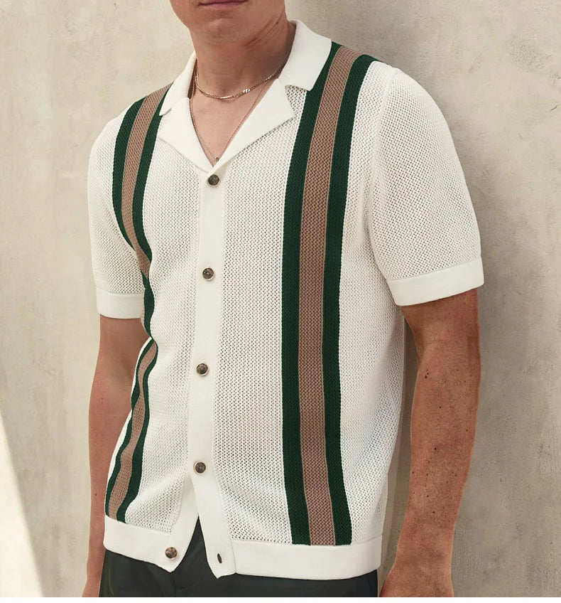 Summer New Knitted Shirts for Men Fashion Cuban Collar Business Casual Social Polo Shirts Knit Cardigans Men Clothing Streetwear