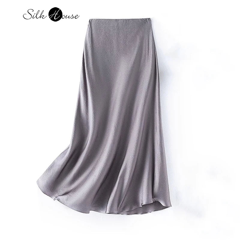 2025 Women's Summer New 100% Natural Mulberry Silk Pearl Satin Dark Grey Elegant Diagonal Cut Wrapped Hip Fishtail Skirt
